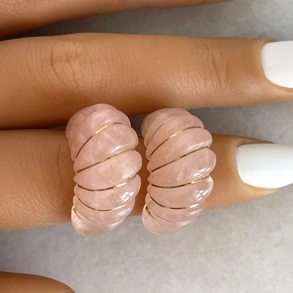 Vintage Solid 14K Yellow Gold Rose Quartz Shrimp Half Hoop Croissant Earrings